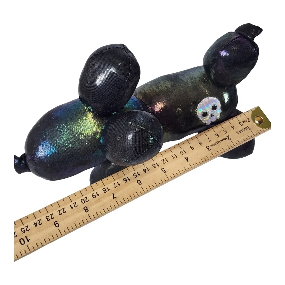 Iridescent Oil Slick Balloon Dog Plush Gothic Skull Patch Multicolor 9in
